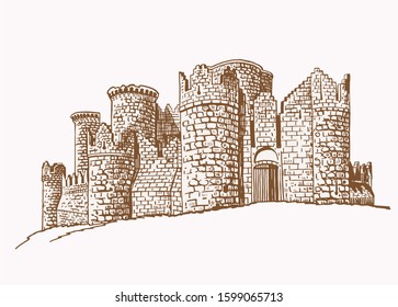 Graphical vintage sketch of Belmonte castle , sepia background,Spain,vector illustration