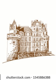 Graphical vintage sketch of  Brissac castle,vector illustration,France
