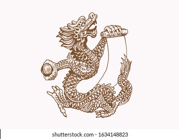 Graphical vintage sketch of Chinese dragon with a sheet of paper,vector illustration