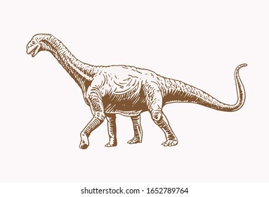 Graphical vintage sketch of dinosaur walking , sepia illustration. 