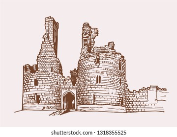 Graphical vintage  sketch of dunstanburgh castle , retro background,vector,Great Britain,ruins