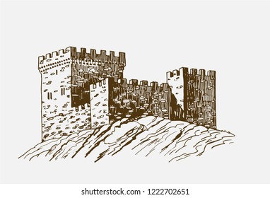 Graphical vintage sketch of Genoese fortress, retro background,vector sightseeing,Crimea