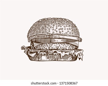 Graphical vintage  sketch of hamburger , vector illustration for printing cover, fast food