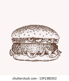 Graphical vintage sketch of hamburger , vector illustration ,fast-food