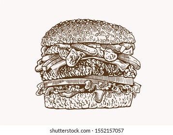 Graphical vintage sketch of hamburger,vector sepia illustration for printing,fast food