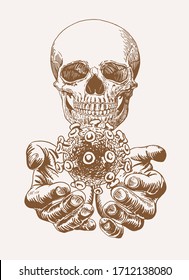 Graphical vintage  sketch of human skull  holding virus, sepia background,vector illustration