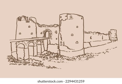 Graphical vintage sketch of Koporye fortress, Russia. Vector illustration for coloring book, architecture