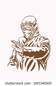 Graphical vintage sketch of man in protective mask and suit , sepia background. vector illustration.