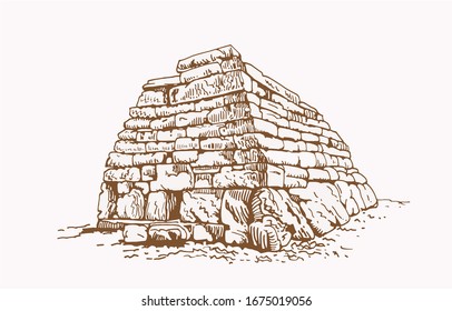 Graphical vintage sketch of megalith , sepia background,vector illustration of taula, sightseeing,Spain