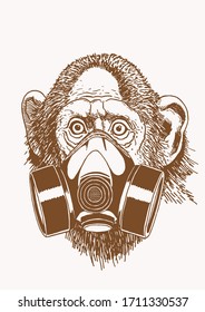 Graphical vintage sketch of monkey in gas mask , sepia background, vector illustration , typography  design
