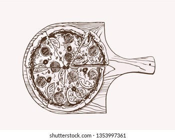 Graphical vintage sketch of pizza , retro background, vector illustration, food