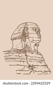 Graphical vintage sketch of  sphinx , sepia background,vector illustration . Egyptian architecture