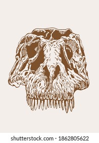 Graphical vintage skull of dinosaur with long sharp teeth, sepia background, vector illustration