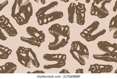 Graphical vintage stylish cover with silhouettes of tyrannosaurus skulls, vector  sepia illustration . Fashion pattern,kids template 