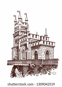 Graphical vintage Swallow nest, Crimean castle