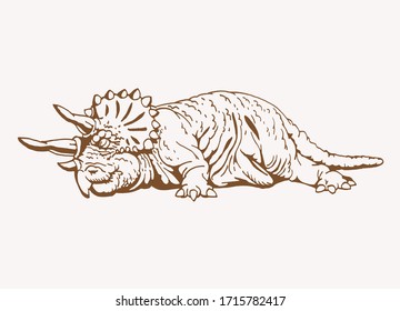 Graphical vintage triceratops, sepia background, vector illustration,paleontology