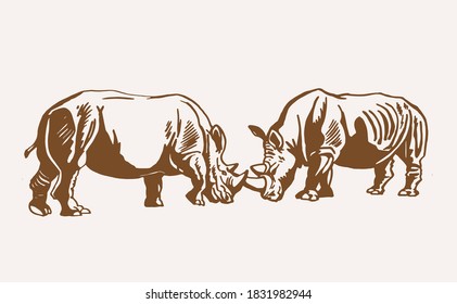 Graphical vintage two rhinos , vector sepia illustration