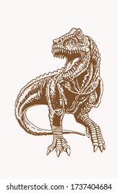 Graphical vintage tyrannosaurus , sepia background, vector illustration, dinosaur