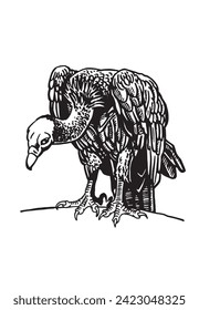 Graphical vulture sits on the branch on white background, vector illustration