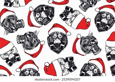  Graphical wallpaper design with cats and lions in Santa Claus red hat and gas mask on white, vector illustration