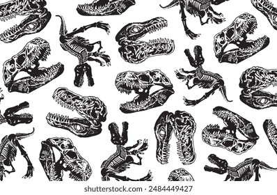 Graphical wallpaper design with dinosaur skulls and skeletons on white, background fossils. Vector illustration