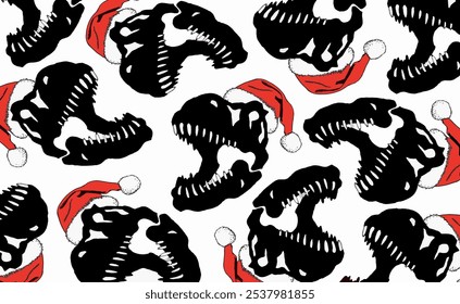 Graphical wallpaper design with dinosaur skulls in Santa Claus hats on white,vector illustration	