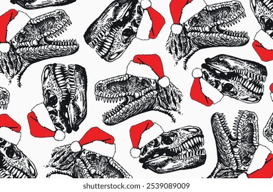 Graphical wallpaper design with dinosaur skulls in Santa Claus hats on white,vector illustration	