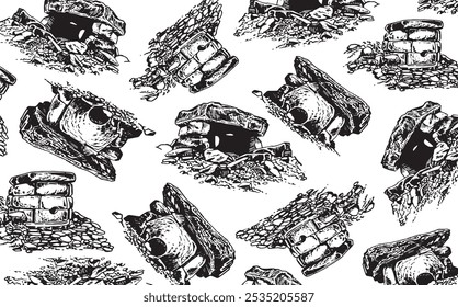 Graphical wallpaper design with dolmens on white background, pattern