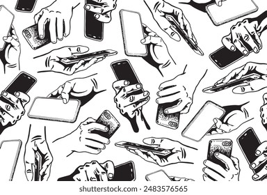 Diseño de Fondo de pantalla gráfico con manos humanas sosteniendo smartphones en blanco, concepto de negocios y tecnología. Ilustración gráfica