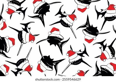 Graphical wallpaper design with sharks in red Santa Claus hats on white background,vector illustration