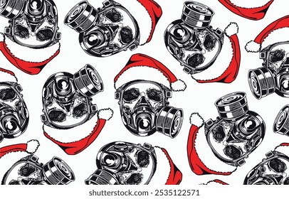 Graphical wallpaper design with skeleton portraits in Santa Claus hats and gas masks , vector Christmas illustration