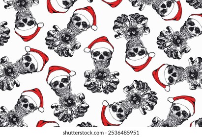 Graphical wallpaper design with skeleton portraits in Santa Claus hats holding virus , vector Christmas illustration	. Pandemy covid 19