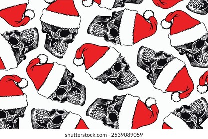 Graphical wallpaper design with skeleton portraits in Santa Claus hats , vector Christmas illustration	