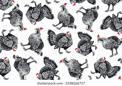 Graphical wallpaper design with turkeys in Santa Claus hats on white background, Christmas background