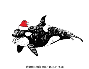 Graphical whale in Santa Claus hat isolated on white background,vector new year illustration