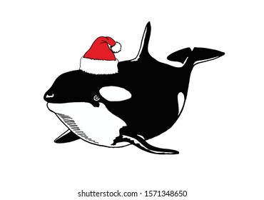 Graphical whale in Santa Claus hat isolated on white background,vector new year illustration