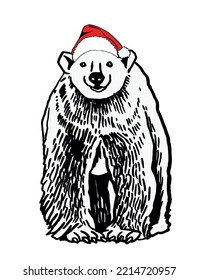 Graphical white bear in Santa Claus hat isolated on white,vector new year  element for design