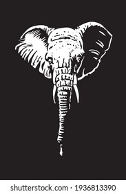 Graphical white portrait of elephant on black background,vector  engraved illustration