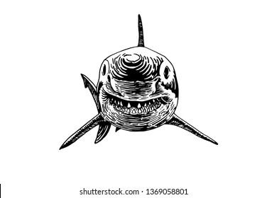 Graphical white shark isolated on white background,vector ink pen illustration,tattoo