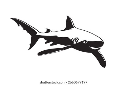 Graphical white shark isolated on white background,vector ink pen illustration,tattoo