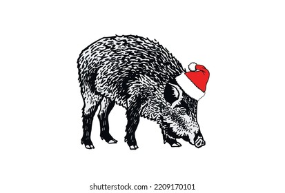 Graphical  wild hog standing in Santa Claus red hat isolated on white background,vector Christmas element