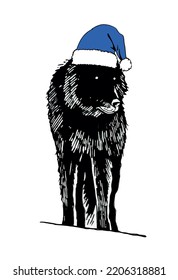 Graphical  wolf in Santa Claus  hat  isolated on white background,vector new year illustration. Christmas element for design