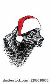 Graphical  wolf in Santa Claus  hat  isolated on white background,vector new year illustration. Christmas element for design
