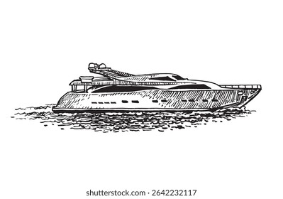 Graphical yacht in water on white background , vector illustration