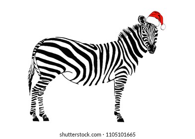 Graphical zebra in Santa Claus hat isolated on white background,vector new year illustration