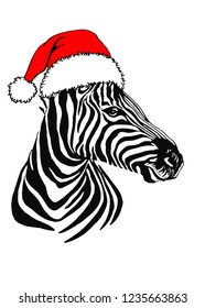 Graphical zebra in Santa Claus hat isolated on white background, vector new year illustration