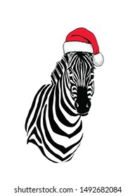 Graphical zebra in Santa Claus hat isolated on white background,vector  new year illustration