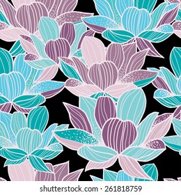 Graphically beautiful bright lotus flower pattern on black background - vector