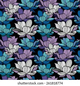 Graphically beautiful lotus flower pattern on black background - vector