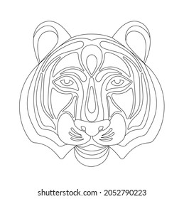 Grafisch dekorierte, schwarze Kopffarbe. Tiger auf weißem, isoliertem Hintergrund. Symbol 2022 Jahr. Flacher Stil. Färben.
